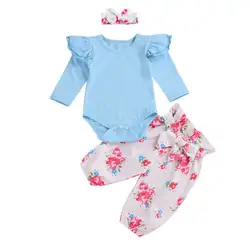 Лидер продаж для новорожденных девочек милые 3 шт. с длинным рукавом ползунки с оборками Топы Цветочный принт брюки повязка