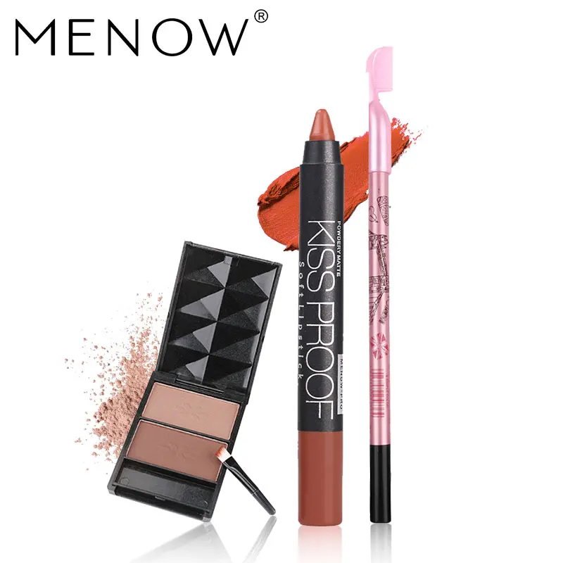 MENOW Make up set Hot Selling Comb With Eyebrow Pencil& Eyebrow Boxed Natural Three-dimensional& kiss proof lipstick