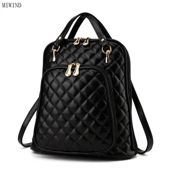 

MIWIND Black Plaid Casual Women Backpack Female PU Leather Women's Backpacks Bags Travel Bag back pack TTY851