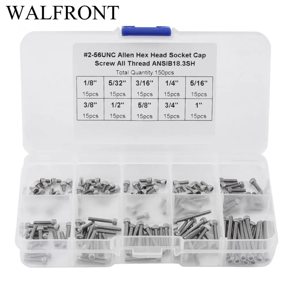 

150PCS 9 Sizes Wood Screws Hex Socket Cap Head Screws Assortment Set with Plastic Box #2-56 UNC