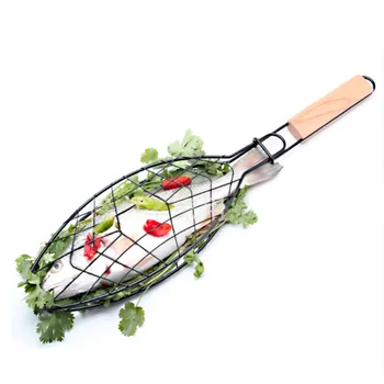 

Fish Grill Basket Nonstick BBQ Barbecue Fish Grilling Roast Basket Wooden Handle Outdoor BBQ Tools Grills