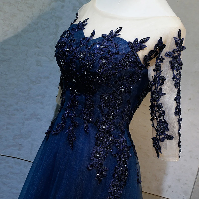 Evening Dresses Long Pretty Sexy Navy Blue O-neck Half Sleeves Beads Lace A-line Sparkle New Formal Party Gowns 2019