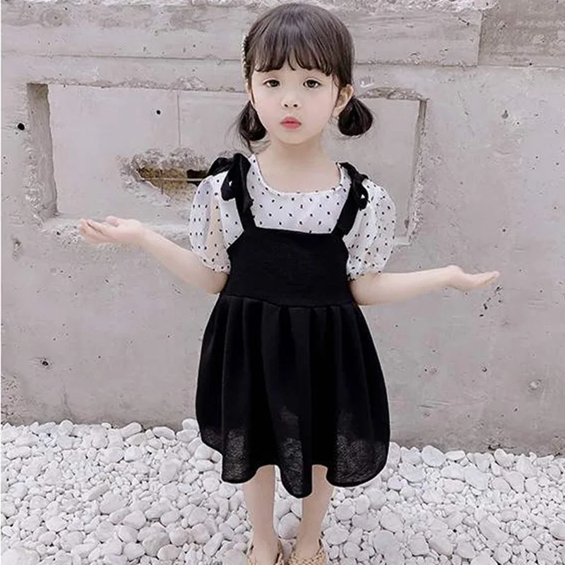 

Mihkalev kids clothes girls summer clothes dot tshirt +black dress 2pieces litter girl outfits set for 3year children tracksuit