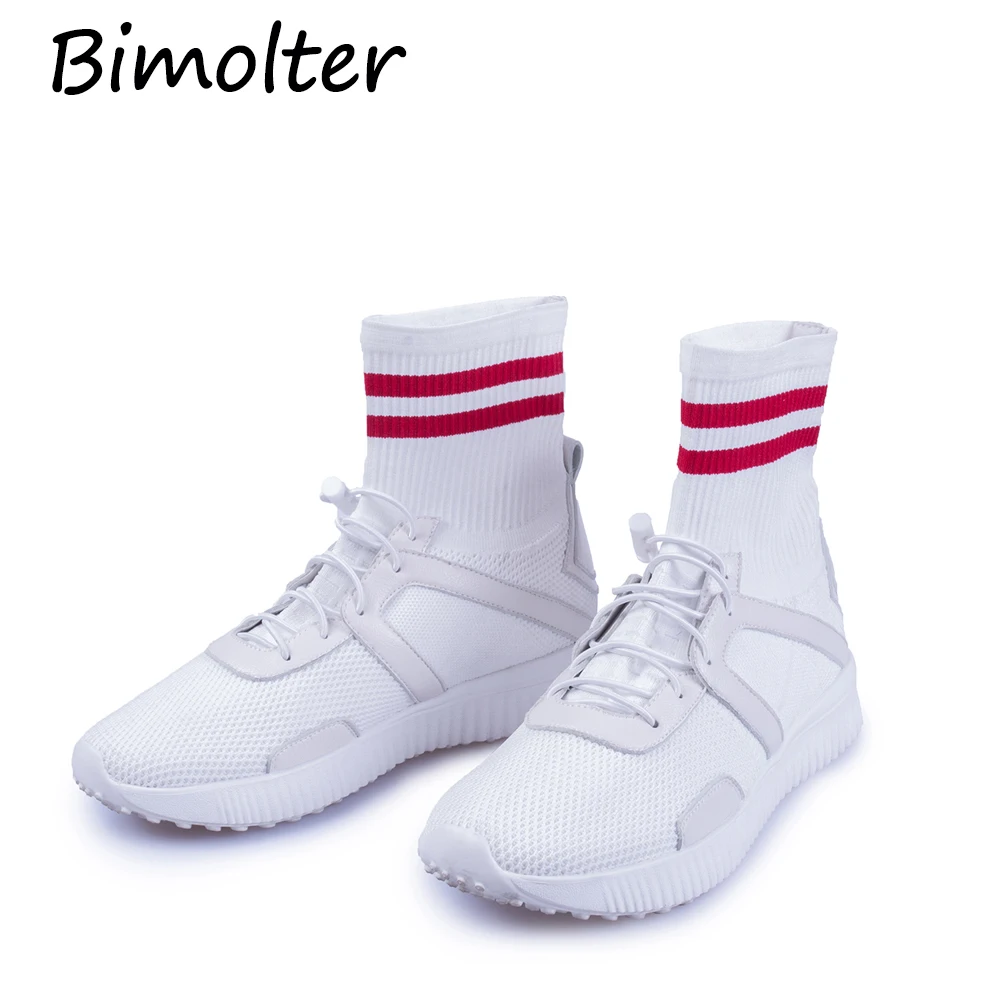 Bimolter Casual Gingham Sneakers Sock Boot Slip On Elastic Stiletto Boot Real Leather Patchwork Round Toe Women Short Boots B081
