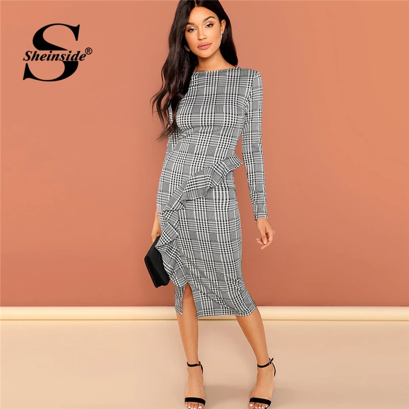 Sheinside Black and White Ruffle Detail Split Plaid Dress Elegant Sheath Long Sleeve Slim Dresses Women Autumn Workwear Dresses Sheinside Black and White Ruffle Detail Split Plaid Dress Elegant Sheath Long Sleeve Slim Dresses Women Autumn Workwear Dresses