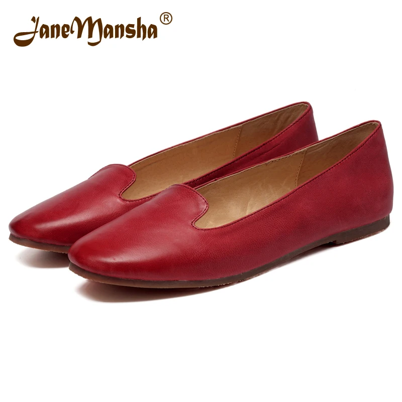 

JaneMansha 2016 Women Flats Summer RETRO Genuine Leather Pointed Toe Slip On Soft Handmade Solid Ballet Flats Ballerines RWFS028