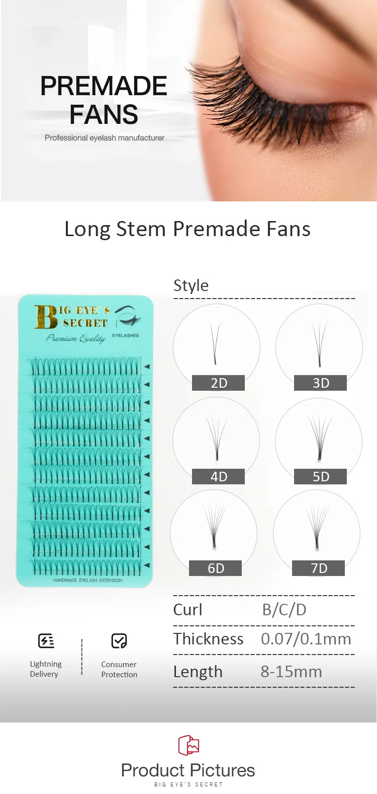 Big eye's secret Eyelash Extension premade volume fans 2D 3D 4D 5D long stem volume  premade fans