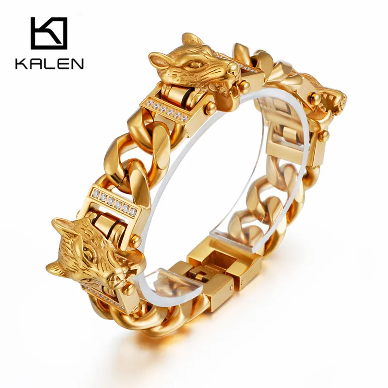 

KALEN Stainless Steel Dubai Gold Wolf Charm Bracelet Men Personalised Animal Viking Wolf Head Cuban Link Chain Bracelet Jewelry