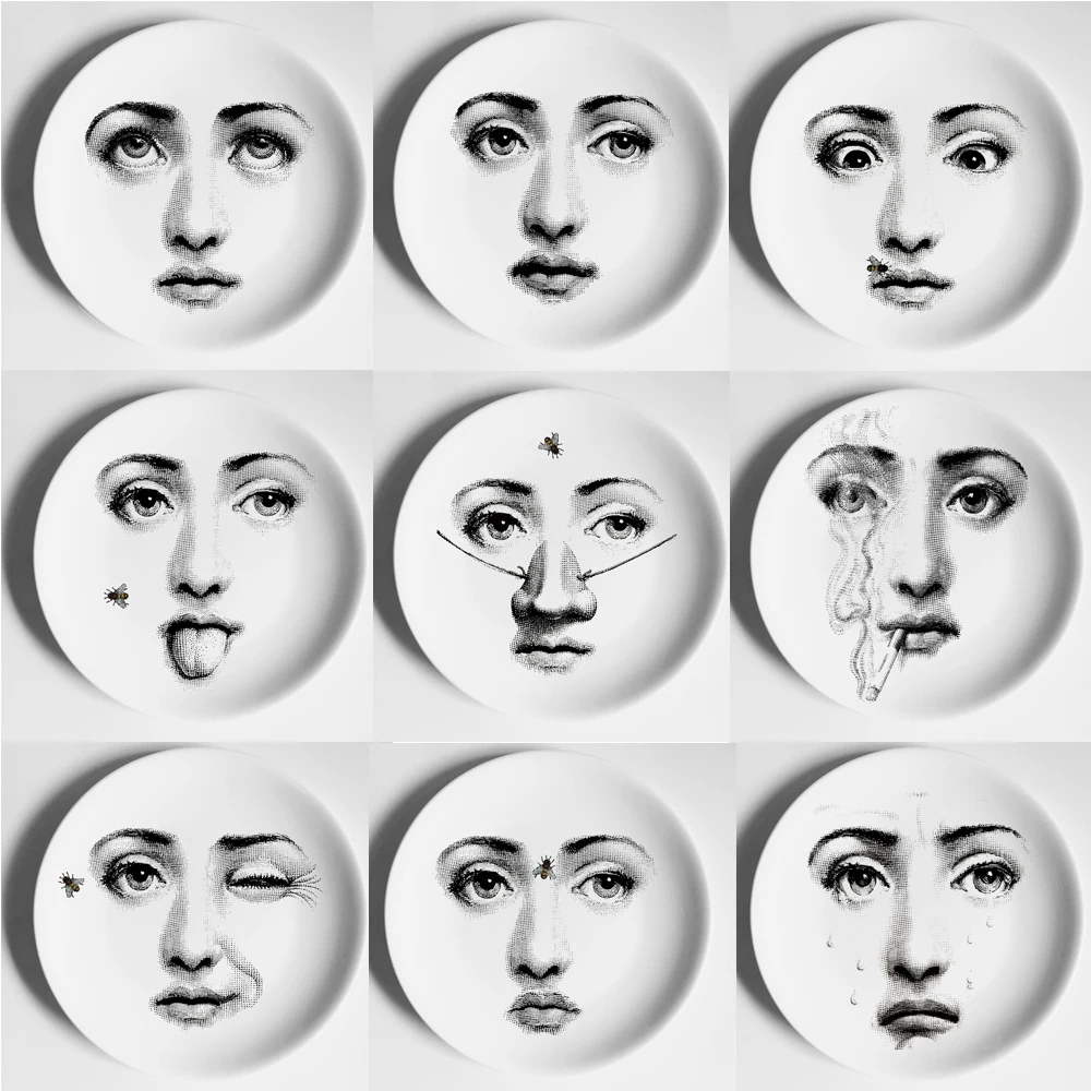 

8" Fornasetti Plates Ceramic Wall Hanging Decorative Dish Creative Design Simplist Face Bar/Hotel/Home Background Deco