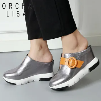 

ORCHA LISA Genuine Leather Platform Slippers For Women Slides Wedges Mules Summer Female Pointed Toe Increasing height Shoes