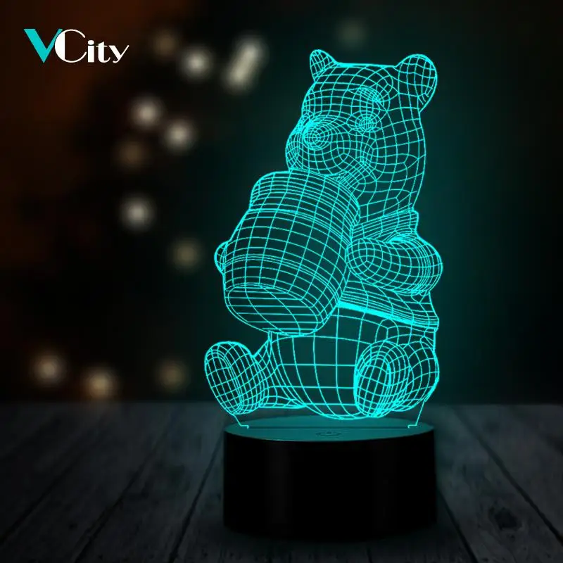 VCity 3D Night Light Led Table Lamp Cute Honey Pooh Bear Gifts for Kids Toy RGB Change Multicolor Luminaria Home Decor Bedroom | Лампы и
