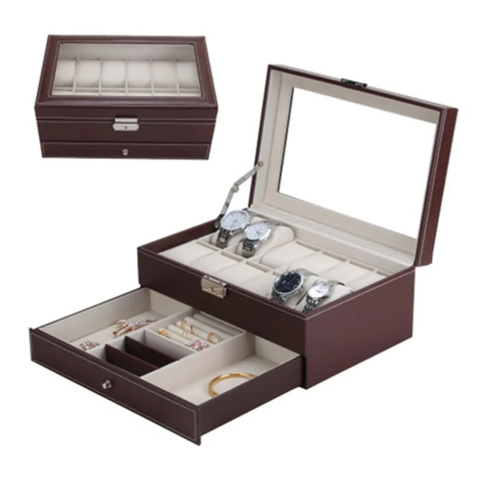 

12 Grids Slots Double Layers PU Leather Watch Storage Box Professional Watch Case Rings Bracelet Organizer Box Holder