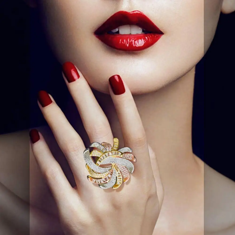 

ModemAngel Luxury Special Full Cubic Zircons 3 Tones Copper Big Ring Women Party Engagement Width Jewelry