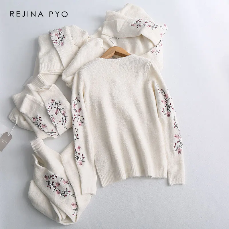 REJINAPYO Women White Embroidery Floral Knitted Sweater Female Loose O-neck Comfortable Sweater 2019 Spring New Arrival