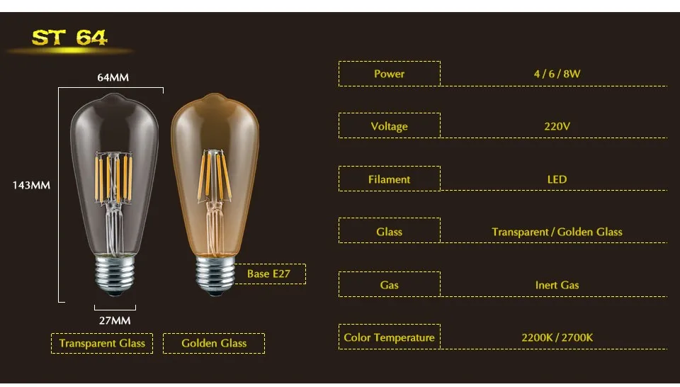 Переменный ток 220 В, винтажный диммер Эдисона, светильник E27, светодиодный, лампы ST64, теплый белый, 2200 K, 2700 K, светодиодный светильник с регулируемой яркостью, ретро светильник для украшения дома
