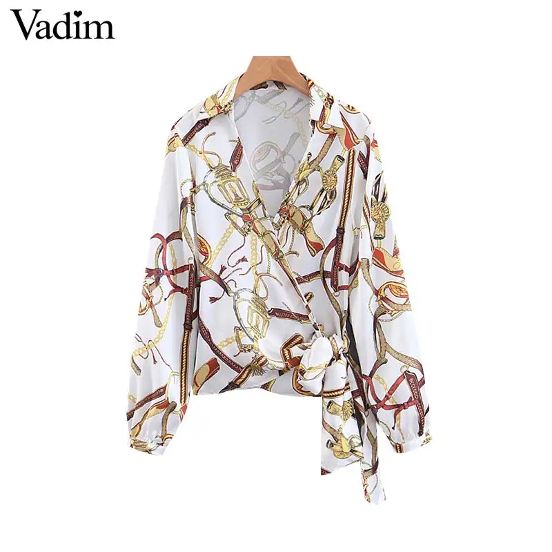 

Vadim women chain print wrap blouse V neck cross design bow tie long sleeve casual female shirt chic white tops blusas LA946