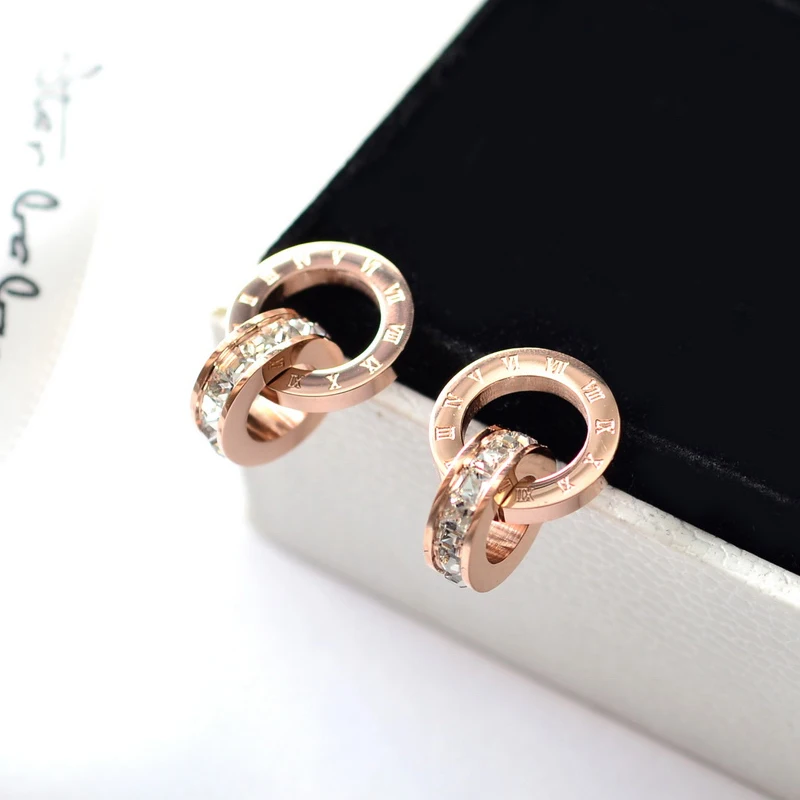 

High quality 316L Stainless Steel Gold Silver rose color Roman Number CZ Stud Earring for Women Fashion sunshine Never Fade