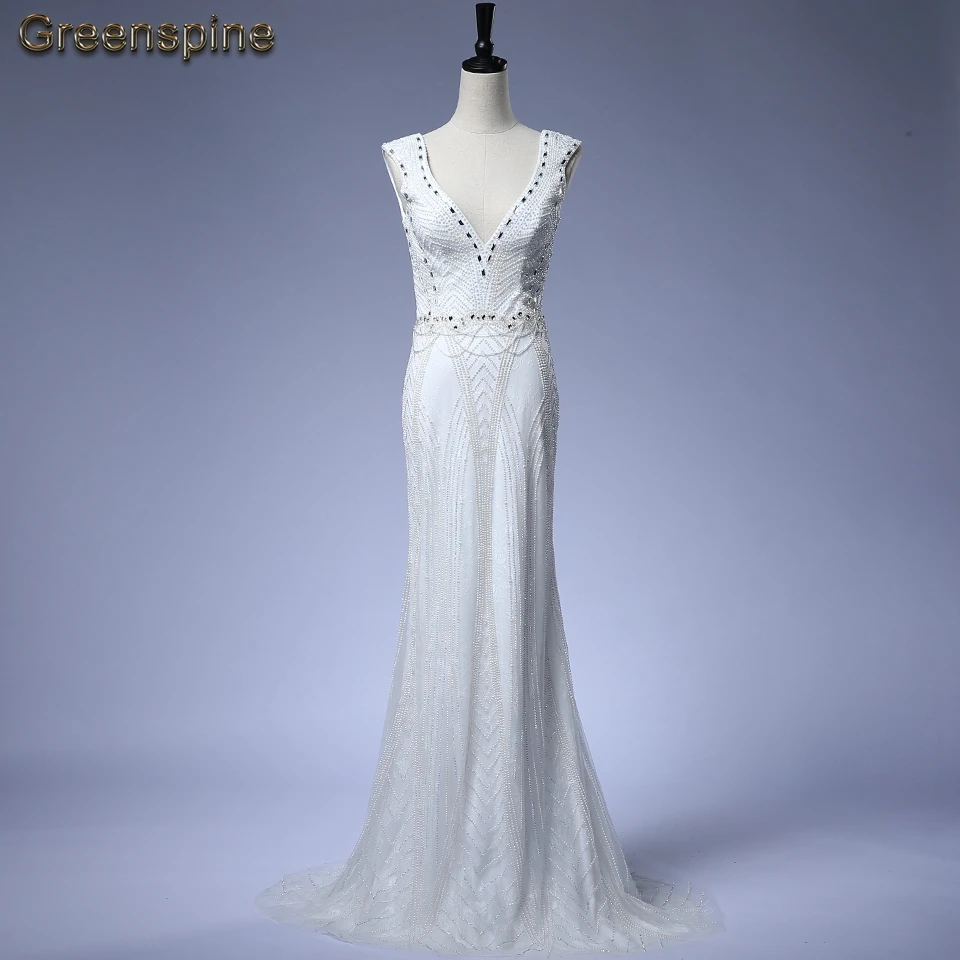 

Luxury Pearls White Evening Dress Long Mermaid Prom Dresses 2019 Vestidos Longo V Neck Beading Formal Party Gowns Cap Sleeves