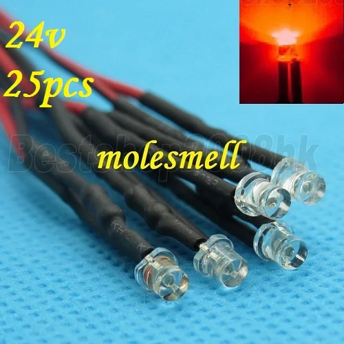 

Free shipping 25pcs 3mm 24v Flat Top Red LED Lamp Light Set Pre-Wired 3mm 24V DC Wired 3mm big/wide angle red 24v led