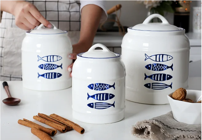 3Pcs Direct sales Nordic home kitchen storage ceramic sealed cans storage tank milk powder tea coffee sugar honey pot kimchi jar