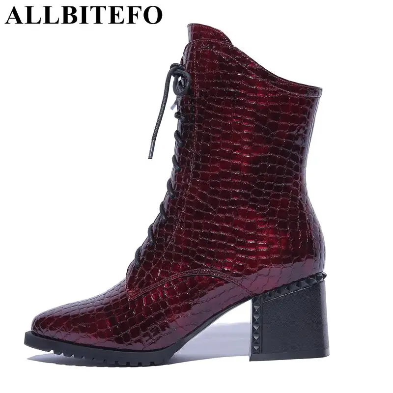 

ALLBITEFO size:34-42 pu leather Stone texture high heels ankle boots women thick heek girls women boots winter motorcycle boots
