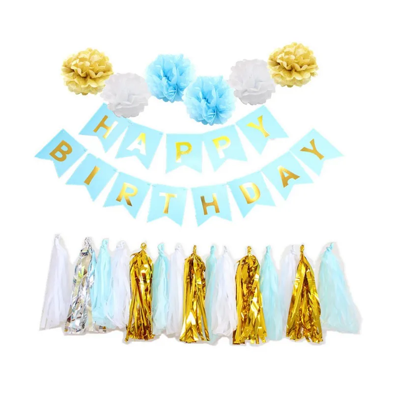 

Happy Birthday Banner Tissue Paper Pom Poms Air Baloons Inflatable Birthday Balloon Pink Event Party Supplies