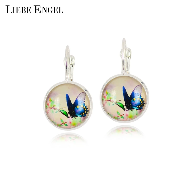 

LIEBE ENGEL Spring Butterfly Earrings Silver Color French Lever Back Glass Cabochon Copper Earrings For Women Vintage Earings
