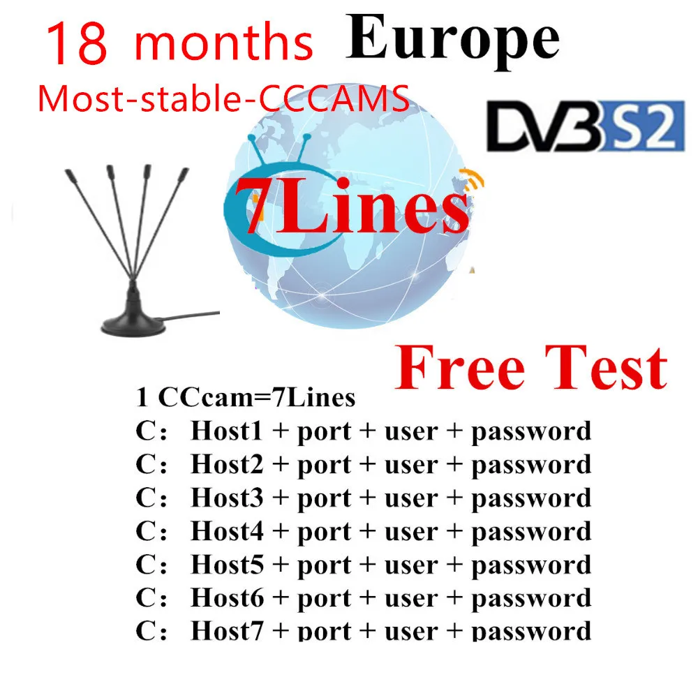 

CCCam 1 year Europe 6 clines 7 clines for V7S V8 NOVA DVB-S/S2 Satellite tv Receiver Full HD Support cccam Spain/Portugal/Poland