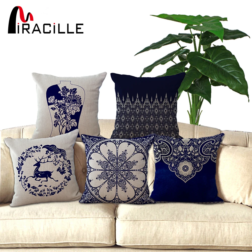 

Square 18" Linen Cushion Blue and White Porcelain Printed Home Decorative Cushions Almofada for Retail