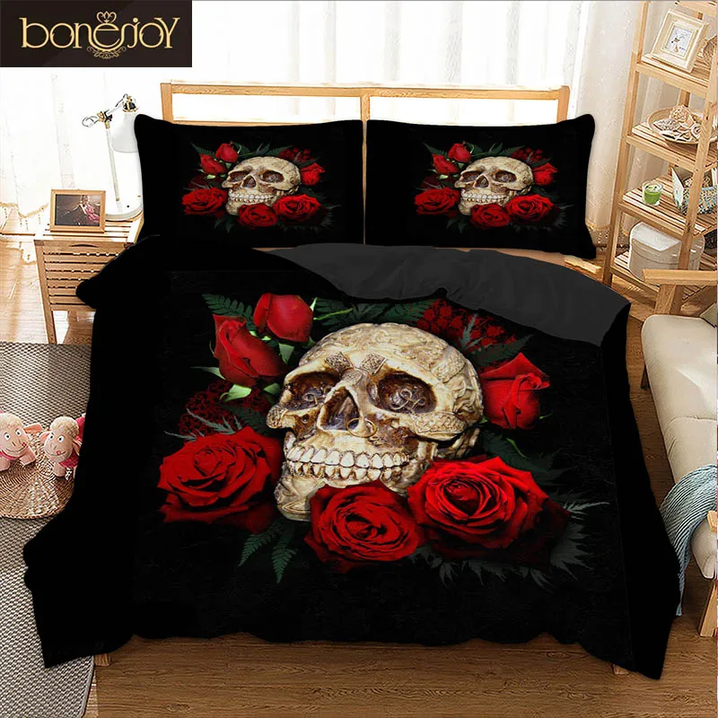 Bonenjoy Sugar Skull Bedding Set King Size Black Skull Rose Flower