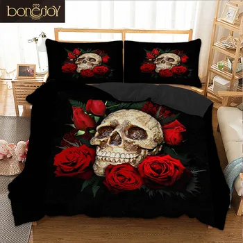 

Bonenjoy Sugar Skull Bedding Set King Size Black Skull Rose Flower Printed Duvet Cover Sets Queen Size for Adult Skull Bed Set