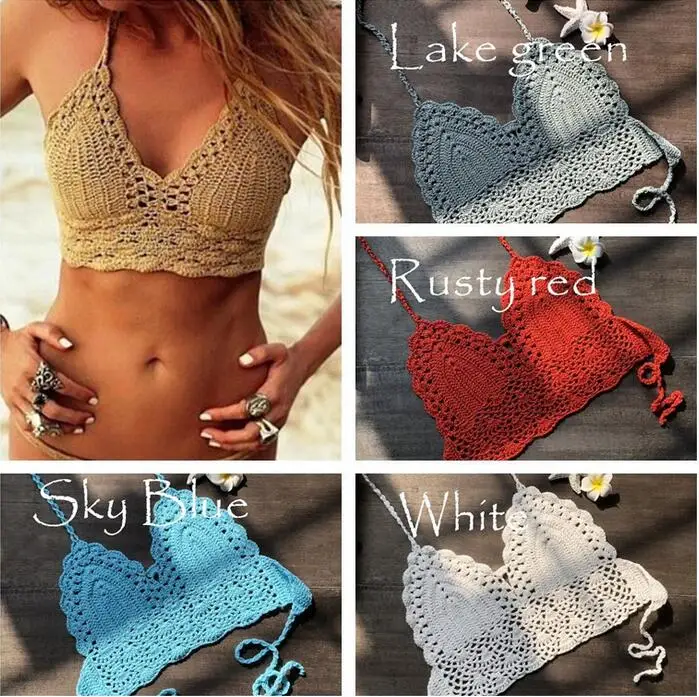

2018 Cotton Hand Hook Knit Crochet Bikini Breast Wrapped Ladies Sexy Bikiny Tops Hot Spring Halter Split Swimsuit Solid Color