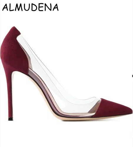 

Suede Patent Mixed Colors Patchwork PVC Transparent Film Pointed Toe Thin High Heel Shoes Fashion Party Pumps