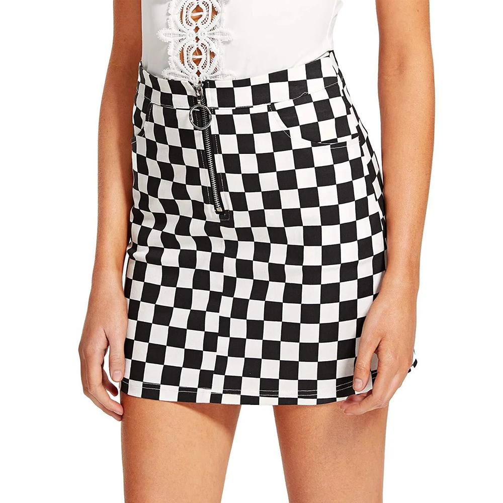 

Joineles Women Mini Skirts Spring Summer Ring High Waist Zip Up Plaid Skirts A Line Party Skirts Tutu Retro Female Skirts