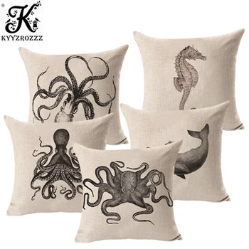 

Beautiful Ocean Sea Black and White Whale Hippocampus Octopus Pillow Case Linen Print Square High Quality Cushion Cover