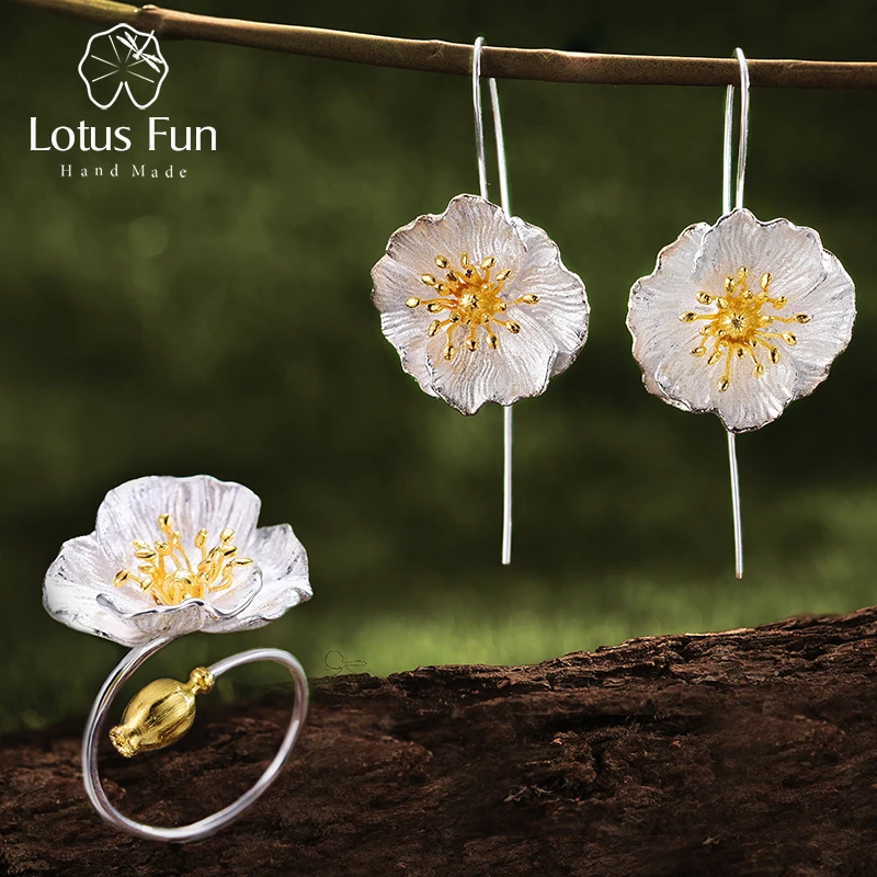 Lotus Fun реальные 925 пробы серебро ручной работы Fine Jewelry цветущие Маки цветок комплект ювелирных изделий для Для