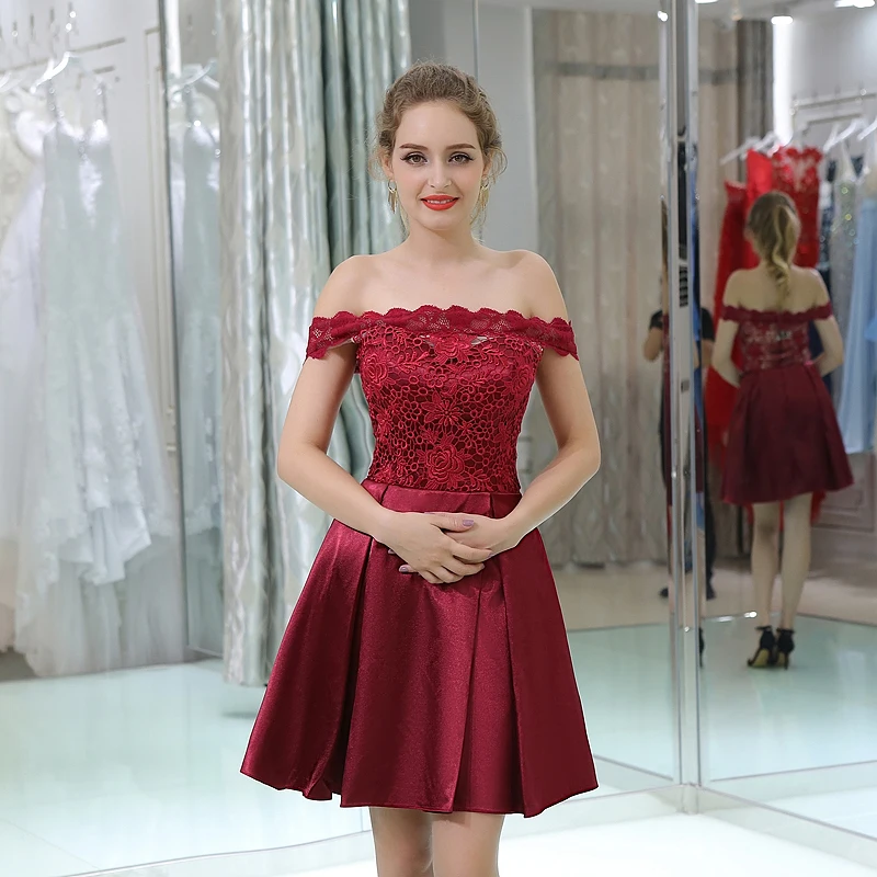 Бургундия Homecoming платья A-Line с плеча Короткие Мини Кружева спинки элегантные коктейльные платья