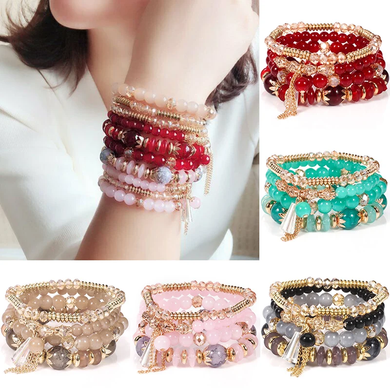 

Fashion Crystal Set Boho 4Pcs Multilayer Beaded Women Stone Natural Bracelets