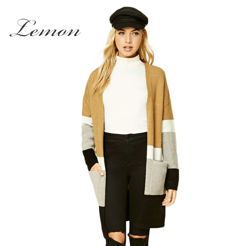 Lemon Khaki Patchwork Color Block Knitted Women Sweaters Drop Shoulder Sleeve Pockets Female 