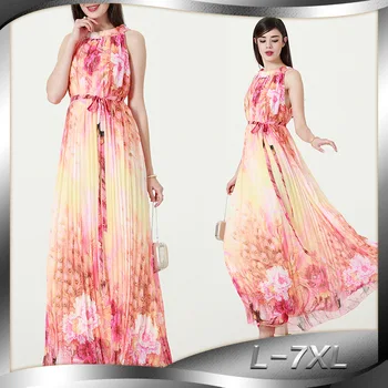 

2019 Fashion Women Summer Chiffon Dress O Neck Sleeveless Plus Size 7XL Flower Dress Casual Long Maxi Beach Dress Vestido Longo