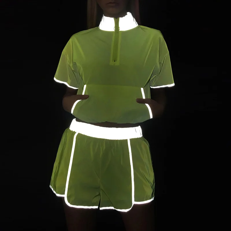 

Reflector Reflective clothing zipper navel fluorescent color 2019 new with loose legs spring out of the street Sports Set