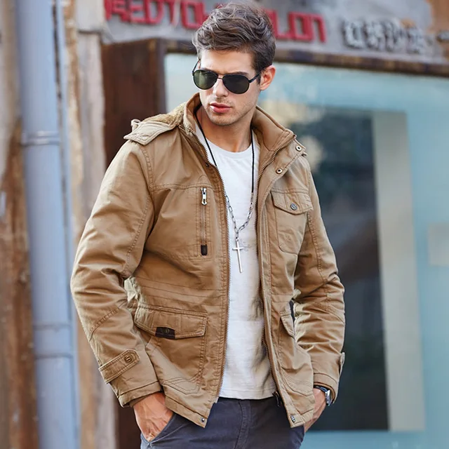 Winter Jacket Mens Coats Army style Hooded Thick Wool Liner Cotton