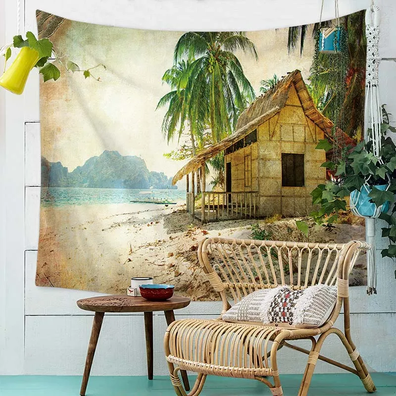 

Tropical Summer Beach Print Tapestry Palm Tree Wall Covering Festival Home Office Decoration 150x150cm