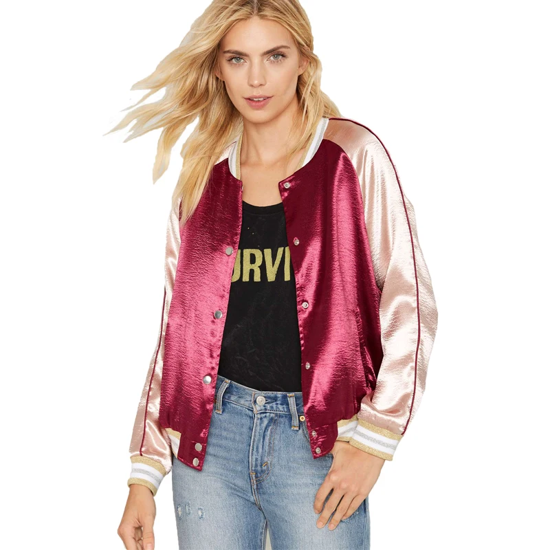 Satin Bomber Jacket Women 2017 Wine Red Gold Jacket Coat