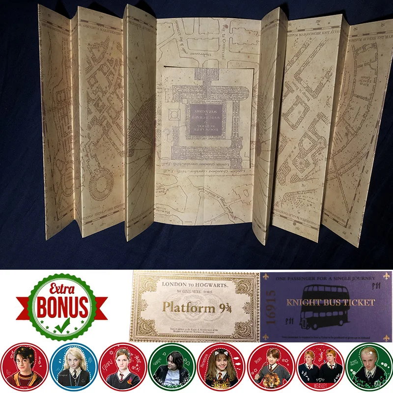 

The Marauder's Map/Hogwarts Letter/Platform 3/4 Tickets Harri Potter Wizard Ron Hedwig Hermione King's Cross Railway Station