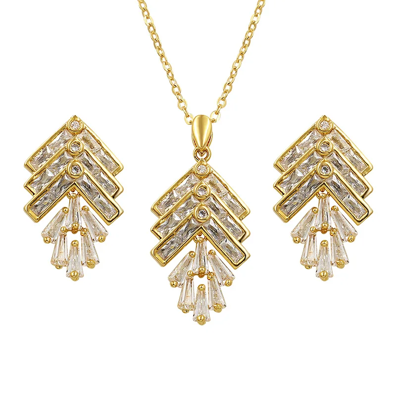

High Quality Cubic Zirconia CZ Zircon Leaf Necklace and Earring Jewelry Set for Women in 3 Assorted Gold Color Plated