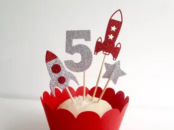 

glitter red Rocket and Star Cupcake Toppers custom number girl Birthday party Anniversary food picks wedding party cake topper