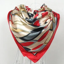 Красный шёлковый шарф женский шарф, китайский стиль атласный большой квадратный шарф с принтом, Женский брендовый шелковый шарф из искусственного шелка, модная шаль 90*90 см
