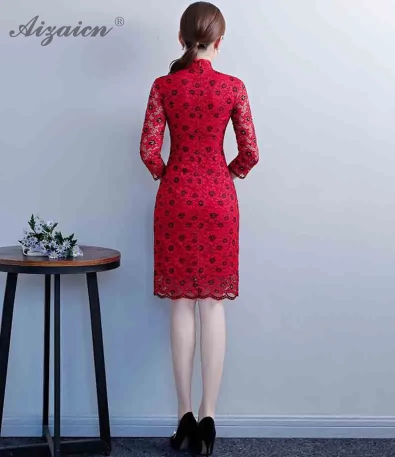 Модные кружево современный платье Чонсам для женщин красный Qipao Vestidos Chinose Женская Роба в восточном стиле традиционные платье в китайском стиле Oriental Ци Пао