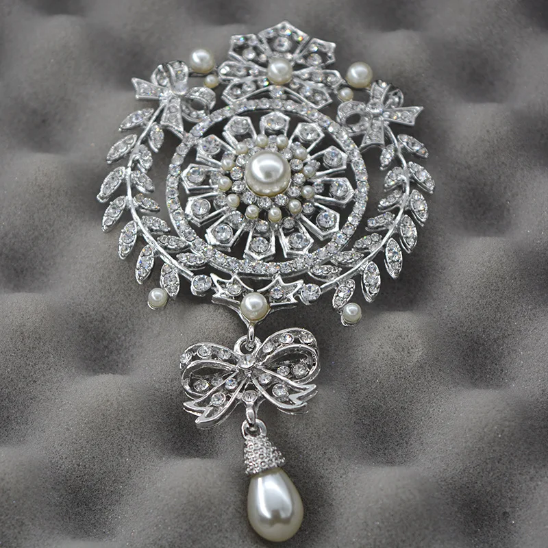 

4.5 Inch Extra Large Size Big Brand Luxury Flower and Bow Design Drop Pearl and Crystal Brooch Wedding Silver Tone